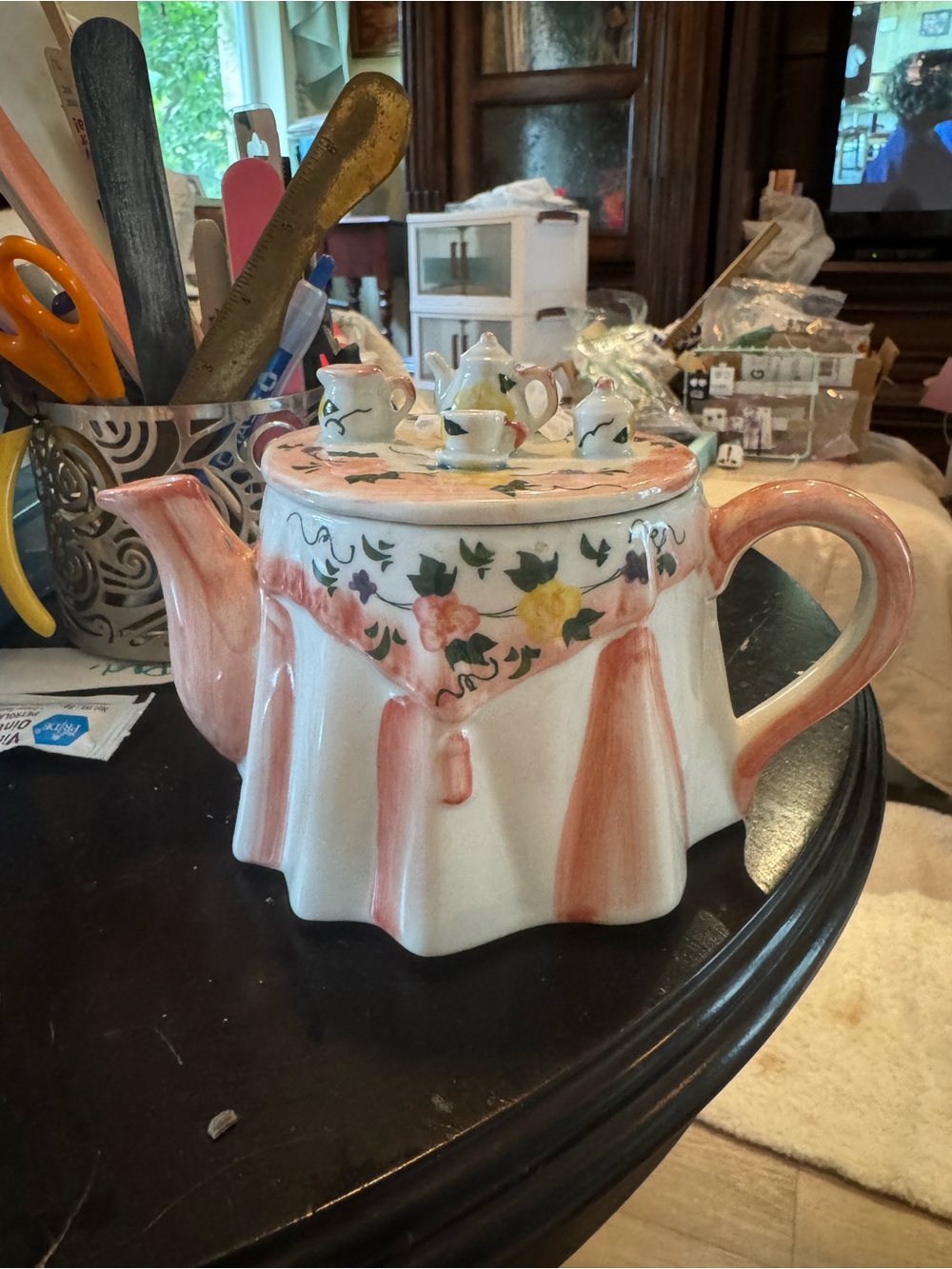 Floral Ceramic Teapot with Pink Accents with miniature t set on top